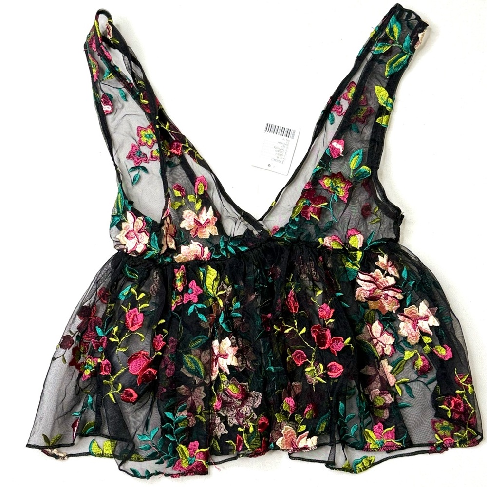 Urban Outfitters Floral Embroidered Black Sheer Mesh Peplum Top Size Small NWT - Picture 2 of 9